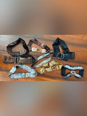 Bundle of 8 Sequin Elastic Waist Belts in Gold, Silver, Black and Brown